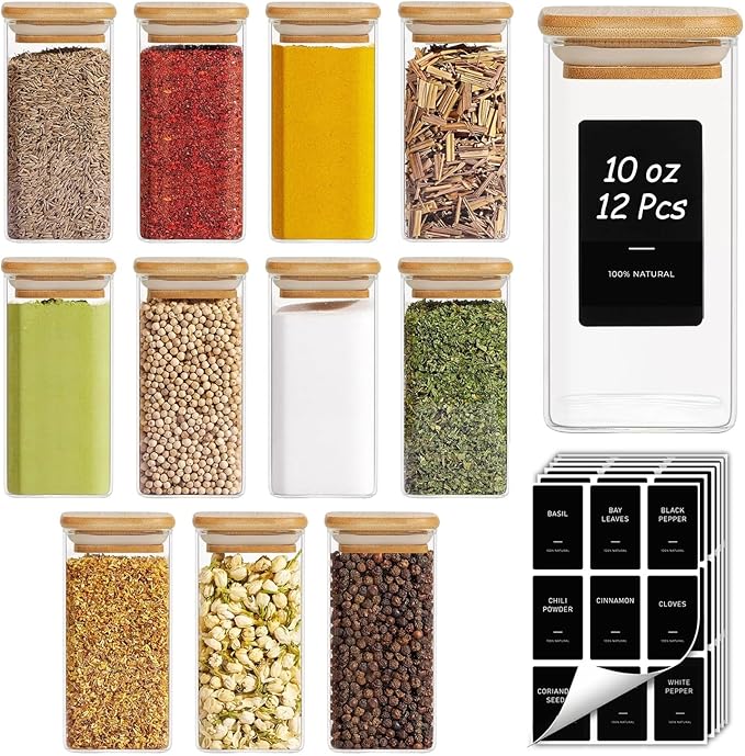 ComSaf 12Pcs Spice Jars with Labels, Glass Jar with Bamboo Lid, 10oz Airtight Square Containers with Black Lables, Empty Seasoning Jars for Spice, Salt, Pepper, Sugar by ComSaf
