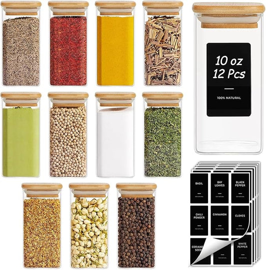 ComSaf 12Pcs Spice Jars with Labels, Glass Jar with Bamboo Lid, 10oz Airtight Square Containers with Black Lables, Empty Seasoning Jars for Spice, Salt, Pepper, Sugar by ComSaf
