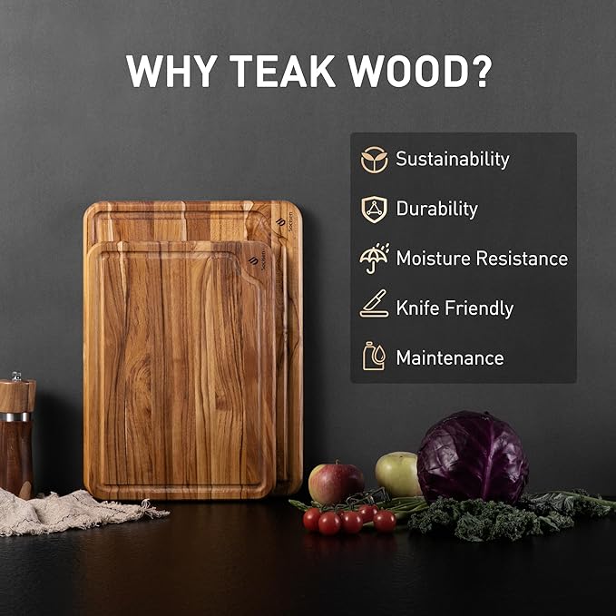 2 Pack Teak Cutting Board for Kitchen Wooden Chopping Board Charcuterie Board Non Slip Over Sink NOT Bamboo Stainless Steel Titanium Acrylic Acacia Olive Glass Plastic Silicone Metal - Image 2
