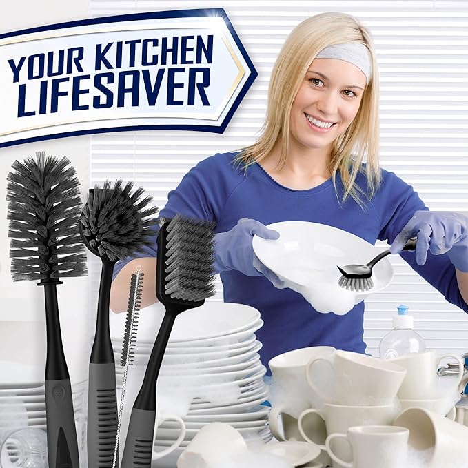 Dish Brush Set of 4 - Kitchen Scrub Brushes with Non-Slip Long Handle for Cleaning, Scrubber, Dishwashing, Dishes, Bottles, Straws, Cups, Pots & Sink, Black - Image 7
