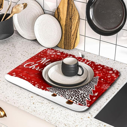 Merry Christmas Tree Red Dish Drying Mat for Kitchen Counter,Winter Snowflake Pine Drying Mat 16 x 18 Inch with Absorbent Reversible Microfiber Dish Drying Pad for Coffee Bar - Image 5