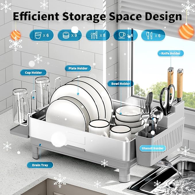 Ewaiira Dish Drying Rack, 304 Stainless Steel Dish Racks for Kitchen Counter, Dish Drainers with Automatic Drainage, Utensil Holder & Cups Holder, Space Saving Kitchen Organizer, Gray - Image 6