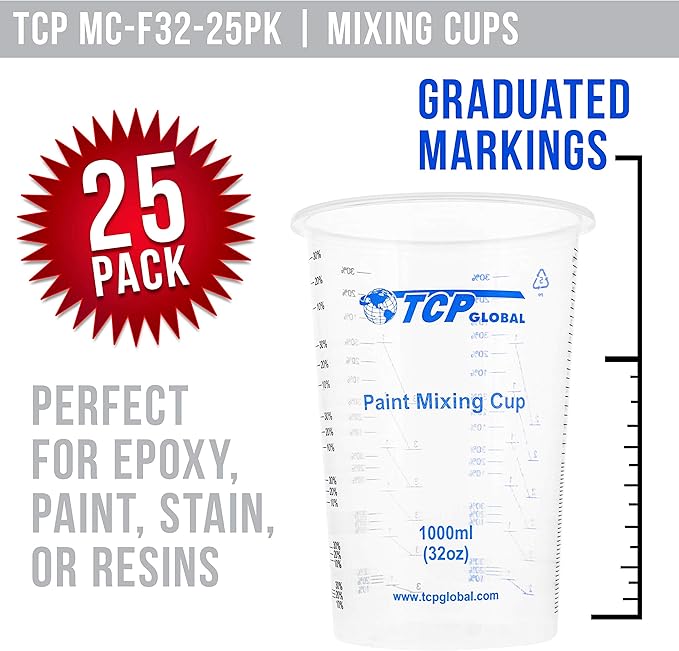 TCP Global 32 oz. (1000ml) Graduated Plastic Mixing Cups (Box of 25) - Disposable Plastic Measuring Cups for Liquids, Paints, Resin, Epoxy, Art, Kitchen - Ratios 2-1, 3-1, 4-1 ML - Image 2