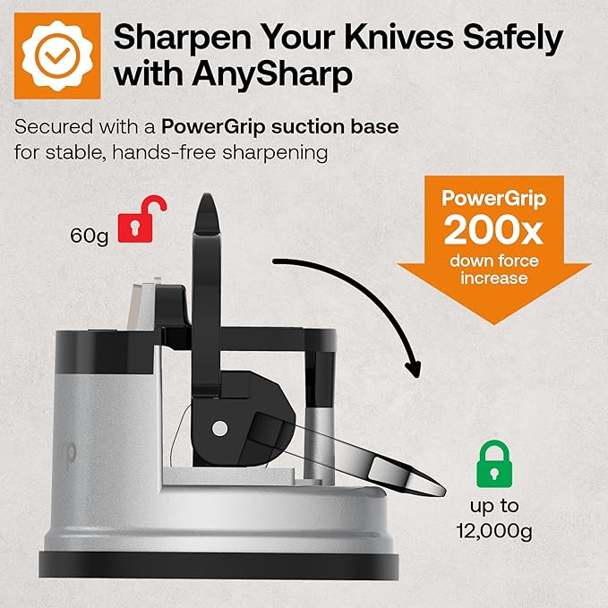 AnySharp – GLOBAL – Hands Free Knife Sharpener - Easy to Use Sharpening Tool with PowerGrip Suction Base and 20-Degree Pre-set Angle - For All Knives: Chef’s, Serrated, and Hardened Steel - Silver - Image 6