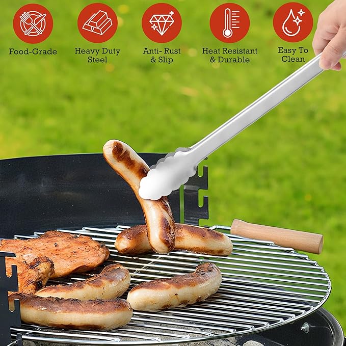 Kitchen Tongs for Cooking - 9 Inch & 12 Inch Heat Resistant Stainless Steel Metal Locking Tong, BBQ Tongs Grill Tong for Cooking, Grilling, BBQ/Barbecue, Food (All Metal - 9"+12")