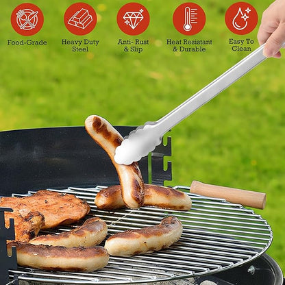 Kitchen Tongs for Cooking - 9 Inch & 12 Inch Heat Resistant Stainless Steel Metal Locking Tong, BBQ Tongs Grill Tong for Cooking, Grilling, BBQ/Barbecue, Food (All Metal - 9"+12")