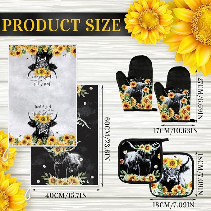 Leinuosen 6 Sunflower Cow Kitchen Towels Kitchen Decor and Accessories Set Floral Plant Oven Mitts and Pot Holders Sets Farmhouse Absorbent Dish Towels for Cooking Baking Grilling - Image 3