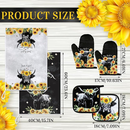 Leinuosen 6 Sunflower Cow Kitchen Towels Kitchen Decor and Accessories Set Floral Plant Oven Mitts and Pot Holders Sets Farmhouse Absorbent Dish Towels for Cooking Baking Grilling - Image 3