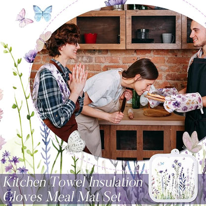 Spring Lavender Oven Mitts and Pot Holders Kitchen Dish Towels Set Purple Flower Spring Kitchen Towels and Dishcloths for Baking Cooking Women BBQ Grilling Hand Dish Gifts