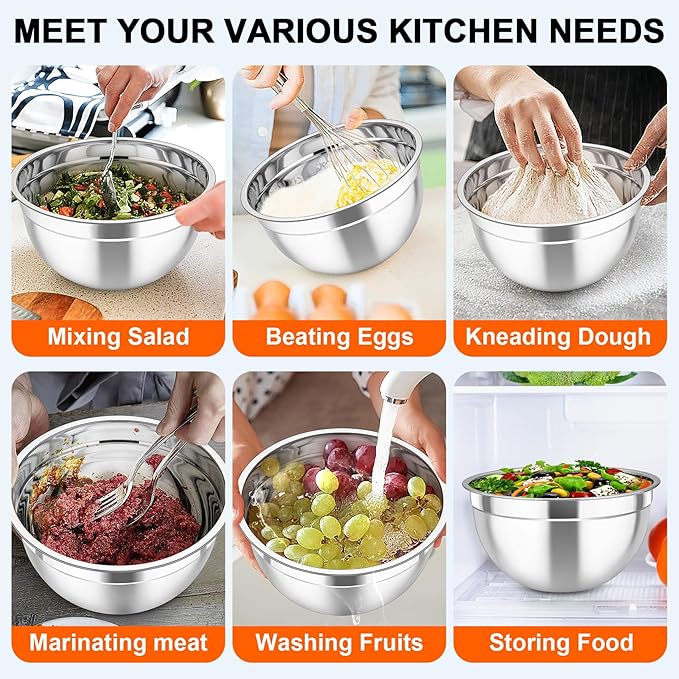 TeamFar Mixing Bowls with Airtight Lids, 5PCS Stainless Steel Metal Salad Bowl with 3 Grater Attachments, for Cooking, Prepping, Serving, Healthy & Easy Clean - 0.7/1/1.5/2.6/4.6QT, Black - Image 5
