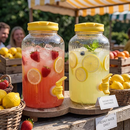 SiliFine 2 Pieces 1 Gallon Plastic Beverage Dispenser with Spigot Striped Clear Large Drink Beverage Dispenser Summer Fridge Water Container with Tap for Party Iced Tea, Sangria, Lemonade(Yellow)