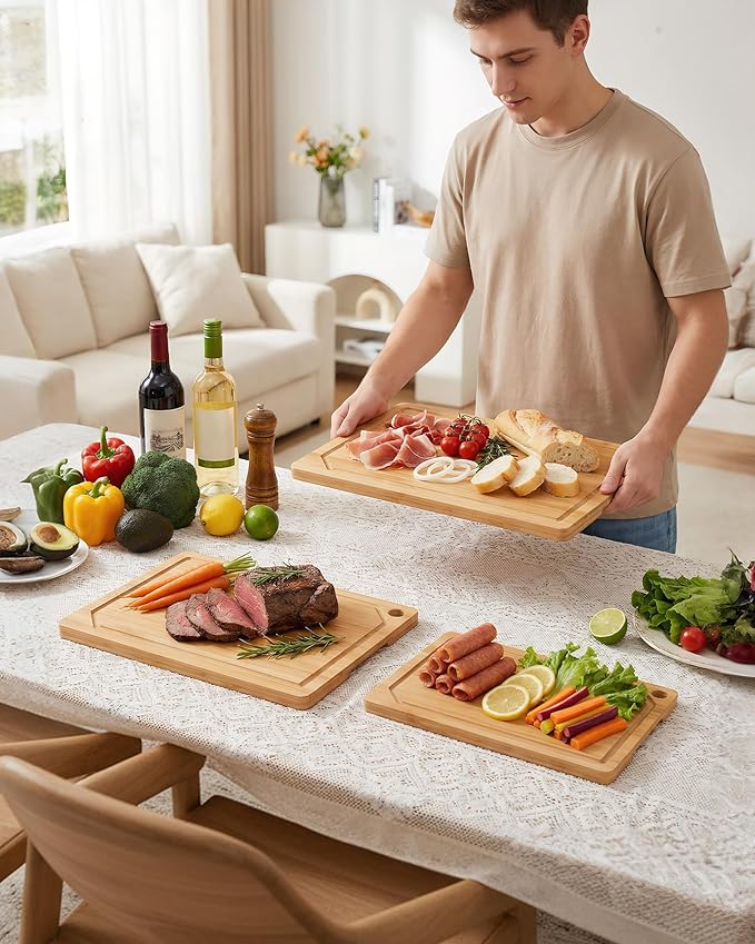 Kitchen Cutting Board Set - 3-Piece Wooden Cutting Boards for Kitchen with Juice Groove, Handles, Hang Holes, Stylish Kitchen Essentials for Chpping & Serving, Natural, 0.4"Th - (XL+M+S) - Image 3