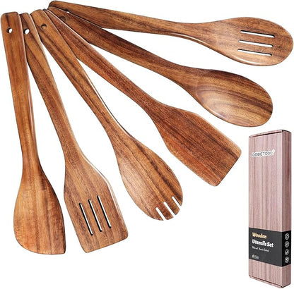 DEBETOOL 6-Piece Acacia Cooking Utensils- Natural Wooden Cooking Spoons for Non-stick & Heat Resistant, Premium Kitchen Wooden Spoon Set for Gift by DEBETOOL