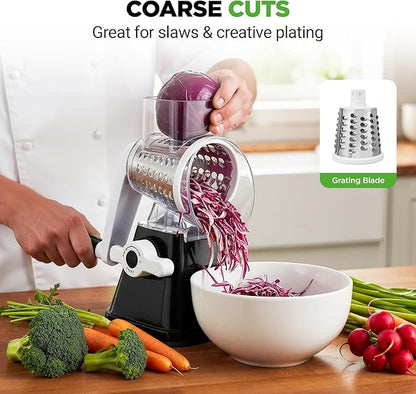 Nutrichef 3 in 1 Cheese Grater & Shredder | Strong Suction Base, Rotary Handle with Safety Lock | Includes Hand Crank & 3 Drum Blades for 3 Textures, Fine, Medium & Strips | Black - Image 5