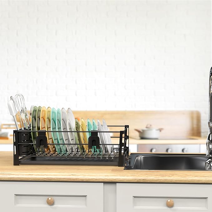 Simple Houseware Dish Drying Rack with Drainboard, Utensil Holder & Mug Hooks, Black Metal Kitchen Counter Organizer - Image 5
