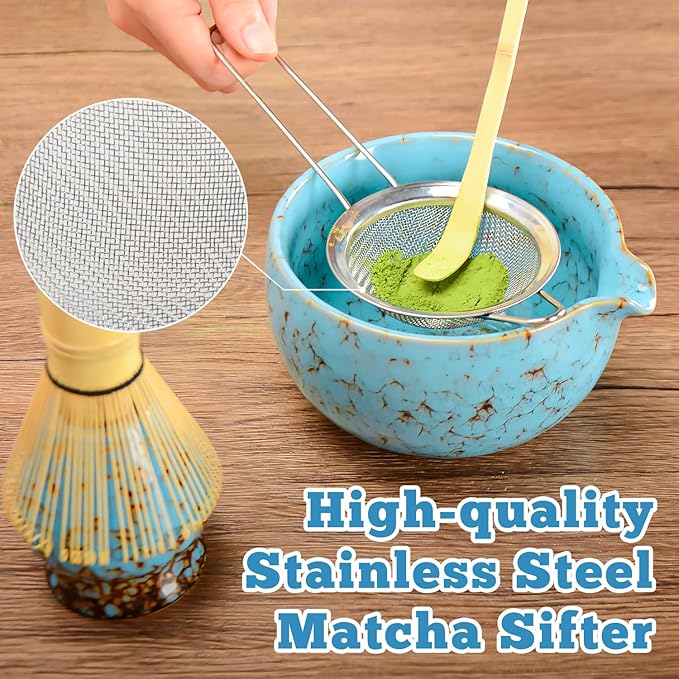 Matcha Whisk Set - Microwave Safe Ceramic Bowl with Spout, BPA-Free Japanese Matcha Kit with Holder & Stainless Steel Sifter, 4 PCS Gift Set