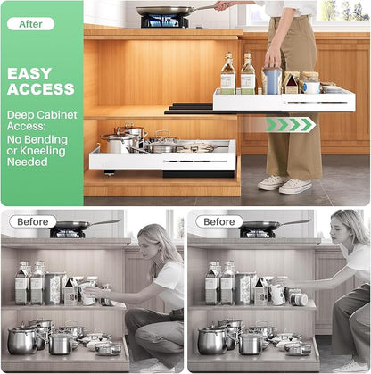 2 Pack Pull out Cabinet Organizer, Expandable Width(14"-24"), Depth(13"-24") with 3 Rails, Slide Out Drawers With Raising Pad for Framed Cabinets, with Adhesive Film for Cabinets in Kitchen, White - Image 8