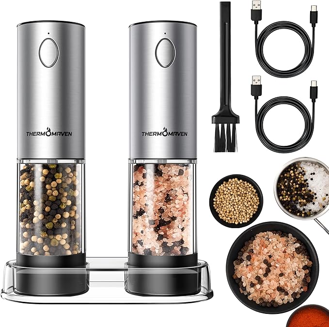ThermoMaven Electric Salt and Pepper Grinder Set, 110ml Larger Rechargeable Automatic Salt and Pepper Mill Grinder with 6 Adjustable Coarseness, Electric Salt and Pepper Shakers, LED, 2 Packs, Black by ThermoMaven