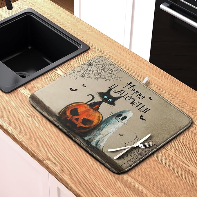 Happy Halloween Dish Drying Mat for Dishs 18x24 Inch Halloween Pumpkin Ghost Black Cat Kitchen Drying Mat Spooky Spiderweb Holiday Dish Drainer Mat Super Absorbent Dish Rack Pad for Coffee Bar Sinks - Image 6