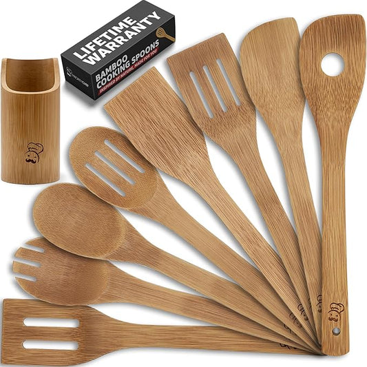 PriorityChef Wooden Spoons for Cooking, 8Pc with Utensil Holder, Non Scratch Bamboo Cooking Utensils, Non-Toxic Wooden Utensil Set, Easy to Clean Kitchen Utensils Set for All Cookware Types by PriorityChef