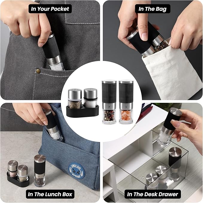 VEVOK CHEF Mini Salt and Pepper Grinder set with 2 Small Salt and Pepper Shakers Portable Cute Tiny Spice Grinder Pepper Mill Salt Grinder for Travel, Work, Camping, Party, School, Lunch Box