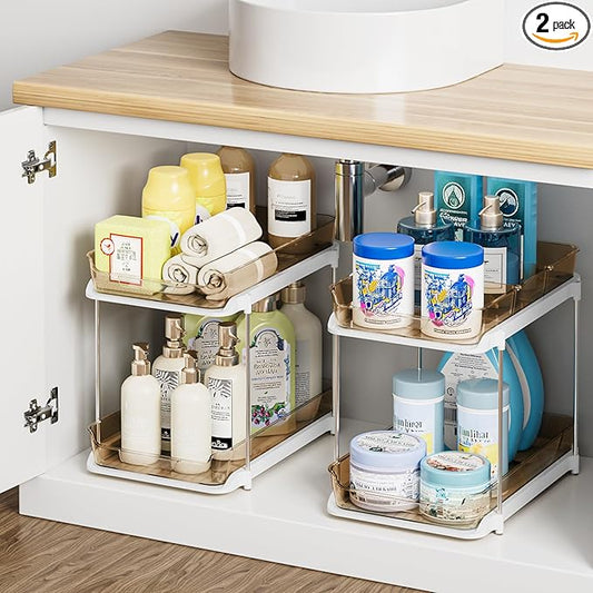 Delamu 2-Tier Multi-Purpose Bathroom Under Sink Organizers and Storage, Stackable Kitchen Pantry Organization, Pull Out Medicine Cabinet Organizer with Movable Dividers, Amber, 2 Pack by DELAMU
