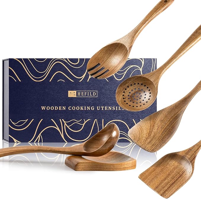 Wooden Spoons for Cooking, Nonstick Cooking Utensil Set with 5 Piece Acacia Wooden Spatulas and Spoons, as well as a Extra Whole Wood Spoon Rest, Terrific for Everyday Kitchen Tasks by HEFILD