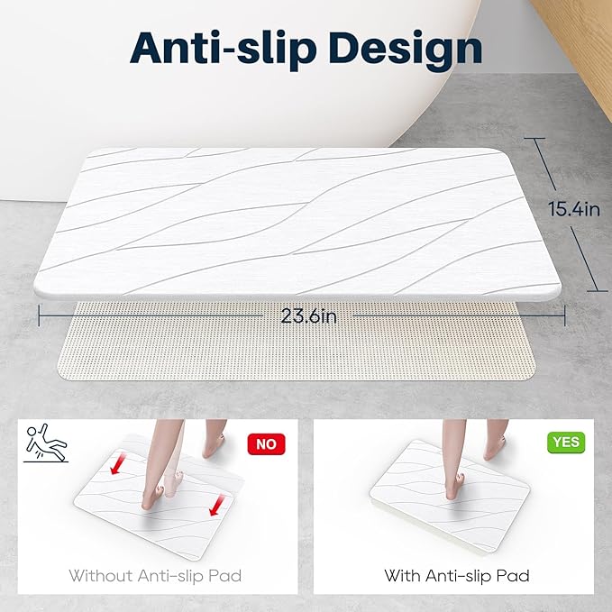 Closefriend Diatomaceous Earth Stone Bath Mat, Quick Dry Non-Slip Super Absorbent Diatomite Stone Mats for Bathroom (White 1 Pack)