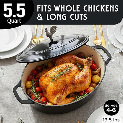 MUELLER HOME 5.5 Quart Enameled Cast Iron Oval Dutch Oven with Rooster Knob & Cotton Potholders, Heavy-Duty Cookware, Oven-Safe up to 500° F & Across All Cooktops, Gifts for Grandma & Women, Black - Image 3
