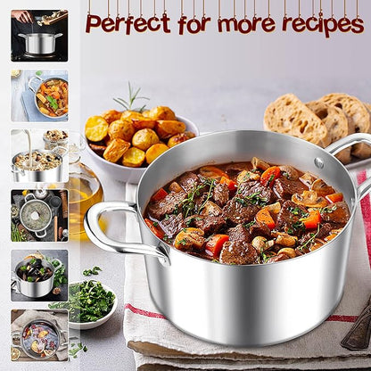 E-far 5 Quart Stock Pot with Lid, 18/10 Tri-ply Stainless Steel Stockpot for Induction Ceramic Gas Stoves, Heavy Duty Cooking Pot for Pasta Soup Stewing Simmering, Oven and Dishwasher Safe