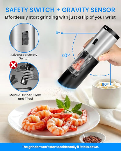 Gravity Electric Pepper and Salt Grinder Set of 2 Pack, One Hand Automatic Shakers Mill, Adjustable Coarseness, Battery Powered with LED Light, Brushed Stainless Steel Perfect for Kitchen - Image 3