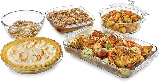 Libbey Baker’s Basics 5 Piece Glass Baking Dish Set with 1 Lid, Stackable, Clear Versatile Casserole Dish Set, Baking Glassware Set for Food Prep by Libbey