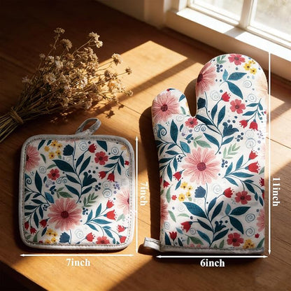 Floral Oven Mitts and Pot Holders Sets 2 Pcs, Canvas Heat Resistant Kitchen Mittens with Hot Pads, Vintage Farmhouse Country Decor, Non-Slip Cooking Baking Grilling Gifts for Women Mom (Flower2)