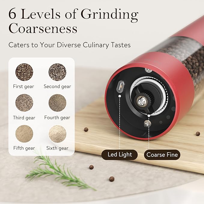 Ultrean Pepper Grinder, Rechargeable Salt and Pepper Grinder with 6 Adjustable Coarseness, LED Light, Automatic Salt and Pepper Shakers, Cooking Gifts Valentines Day Gifts for Women, Crimson Red - Image 3