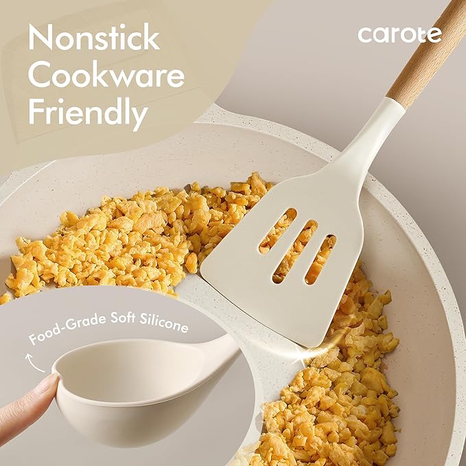 CAROTE Silicone Cooking Utensils Set, Kitchen Utensils Set 16 Pcs for Cooking,BPA Free Spatula Set,446 ℉ Heat Resistant Wood Handles for Nonstick Cookware (Cream White) - Image 4