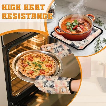 Cute Cat Oven Mitts and Pot Holders,Heat Resistant Oven Mitts Gloves and Pot Holder for Home Kitchen Decorations Cooking Baking BBQ Gifts,Set of 4