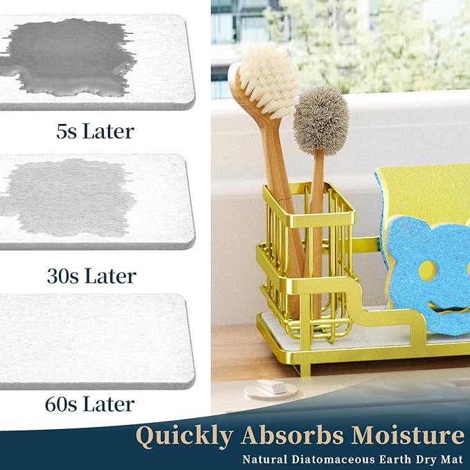Consumest Sponge Holder for Kitchen Sink - Sink Caddy Organizer with Water Absorbing Stone Tray, Detachable Brush Holder, Stainless Steel Kitchen Counter Organizer Rack, Gold - Image 2