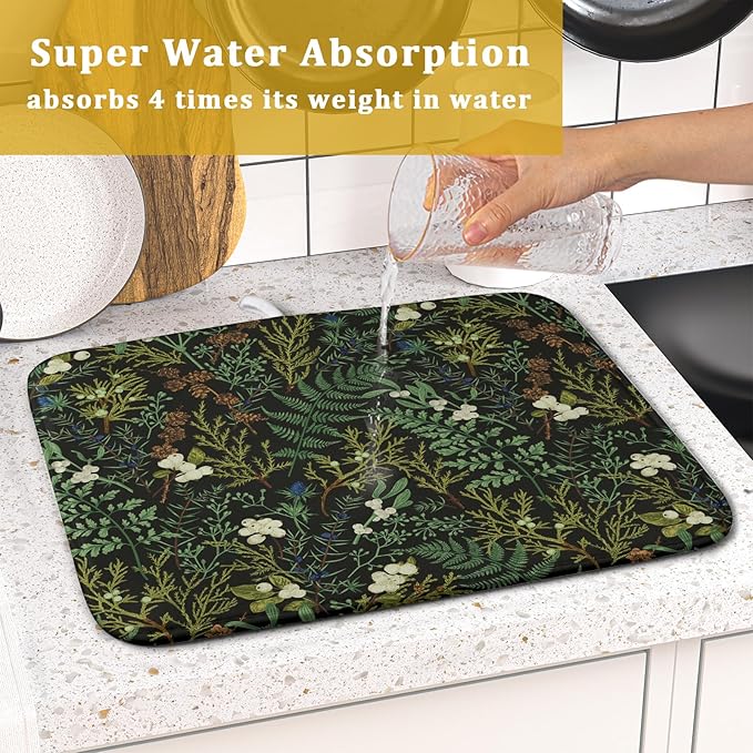 Green Plants Dish Drying Mat for Kitchen Counter Microfiber Absorbent Dish Draining Reusable Washable Foldable 16"x18" - Image 7