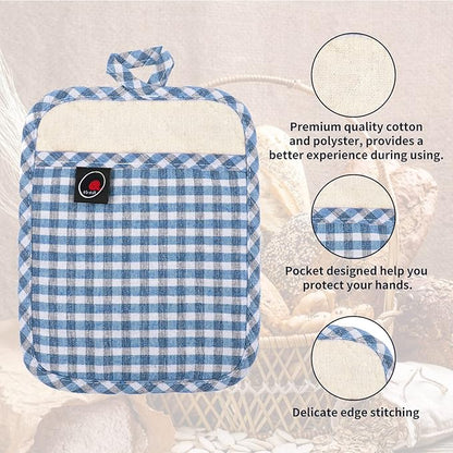 Oven Mitts and Potholders Gloves-Oven Mitts and Pot Holders (Blue Grid) - Image 4