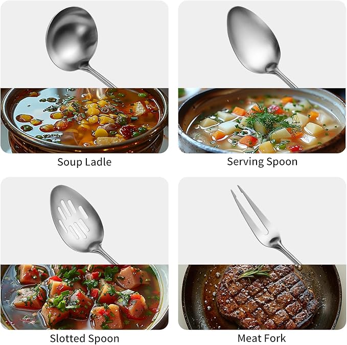 304 Stainlss Steel Kitchen Utensils Set, 11 Pcs Long Metal Cooking Utensil Gadgets Tools Set with Spatula, Ladle, Spoon, Ladle, Skimmer, Tunner, Pasta Server, Tongs(Silver, Dishwasher Safe) - Image 4