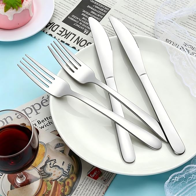 24-Piece Forks and Knives Set for 12, Food-Grade Stainless Steel Silverware Set with 12 Dinner Knives & 12 Forks, Mirror Polished Fork Silverware, Butter Knife and Metal Fork, Dishwasher Safe