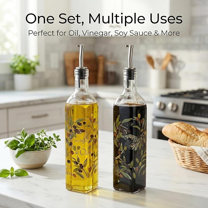 Topadorn 17 oz Olive Oil Dispenser Bottle Set for Kitchen, 2 Pcs Glass Oil Dispenser Bottle with Stainless Steel Pourers, 2 Packs of Napkins, Fruit