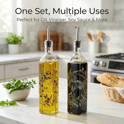 Topadorn 17 oz Olive Oil Dispenser Bottle Set for Kitchen, 2 Pcs Glass Oil Dispenser Bottle with Stainless Steel Pourers, 2 Packs of Napkins, Fruit