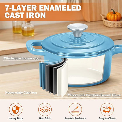 Homikit Small Cast Iron Pot, 1 QT Enameled Cast Iron Sauce Pan with Lid, Heavy Duty Enamel Dutch Oven Kitchen Cookware for Making Pasta, Boiling Soup, Warming Milk, Nonstick & Oven Safe, Sky Blue