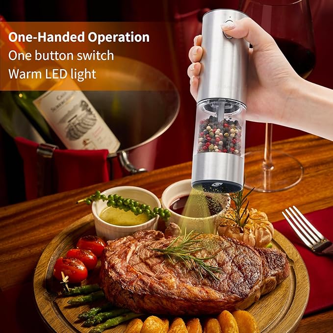 Stainless steel Electric Salt and Pepper Grinder Set,Large Capacity Automatic Pepper Mill Grinder with Upgraded Rechargeable Charge Base and LED Light,Adjustable Coarseness, Easy to clean