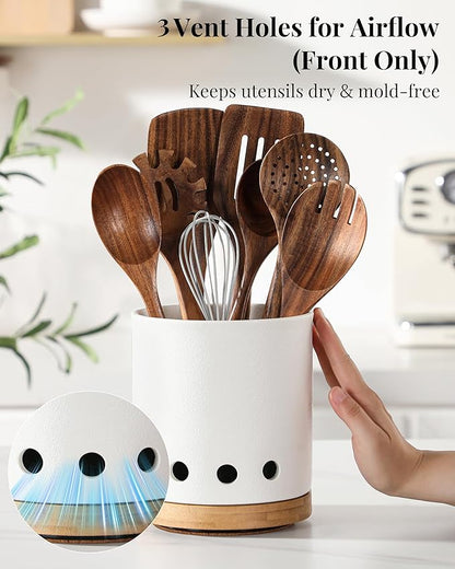 LoeJan 360° Rotating Ceramic Utensil Holder for Kitchen Countertop – Cooking Utensil Crock Organizer with Non-Slip Cork Base for Farmhouse Kitchen Decor, Textured White - Image 3