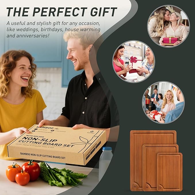 3 Packs Bamboo Cutting Board Set with Non Slip Feet and Over Sink Nice Solid Thick Wood Juice Groove Chopping Board Extra Large Big Small Best Hardwood Counter Organic Vegetable Kitchen Gadgets - Image 8