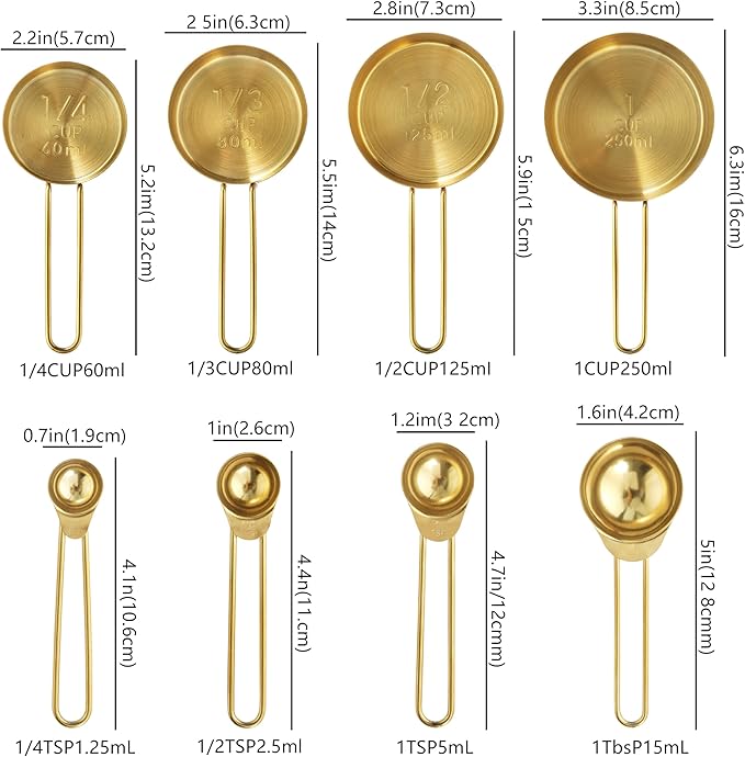 Measuring Cups and Spoons Set, Kaloo 8PCS Stainess Steel Metal Measuring Cups, Gold Finish, Ideal for Cooking and Baking - Image 2