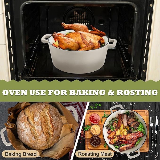 P&P CHEF 5Qt Dutch Oven Pot for Bread Baking (Khaki), 2 In 1 Round Cast Iron Dutch Oven with Lid Set, Skillet & Pot for Roasting Braising Stewing Frying Simmering, Multi Stoves & Oven Safe - Image 7