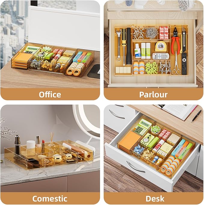 Marbrasse Expandable Desk Drawer Organizer, Clear Plastic Drawer Organizer Tray with 10 Adjustable Compartments, Desk Organizers and Accessories, 5 Drawer Dividers for Office Supplies(Clear Champagne) - Image 5